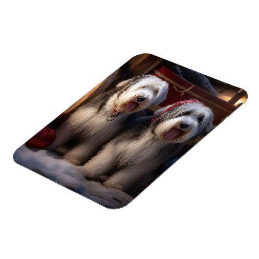 Oud Engels Sheepdog Snowy Sleigh Kerst Decor Magneet (Linkerzijde)