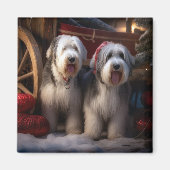 Oud Engels Sheepdog Snowy Sleigh Kerst Decor Magneet (Voorkant)