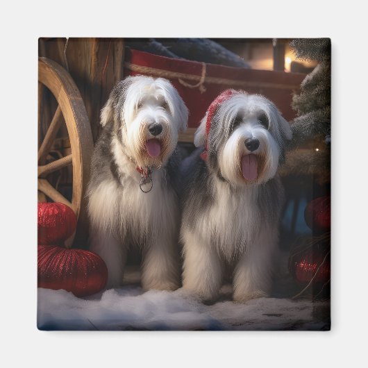 Oud Engels Sheepdog Snowy Sleigh Kerst Decor Magneet (Voorkant)