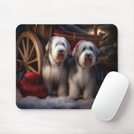 Oud Engels Sheepdog Snowy Sleigh Kerst Decor Muismat (Met muis)