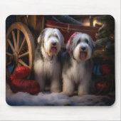 Oud Engels Sheepdog Snowy Sleigh Kerst Decor Muismat (Voorkant)