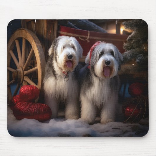 Oud Engels Sheepdog Snowy Sleigh Kerst Decor Muismat (Voorkant)
