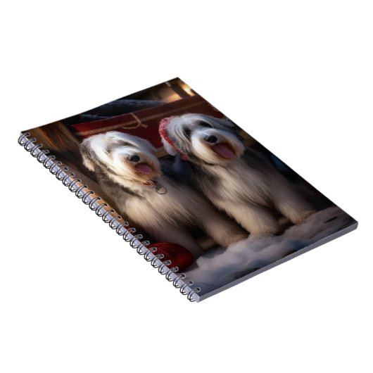 Oud Engels Sheepdog Snowy Sleigh Kerst Decor Notitieboek (Rechterzijde)