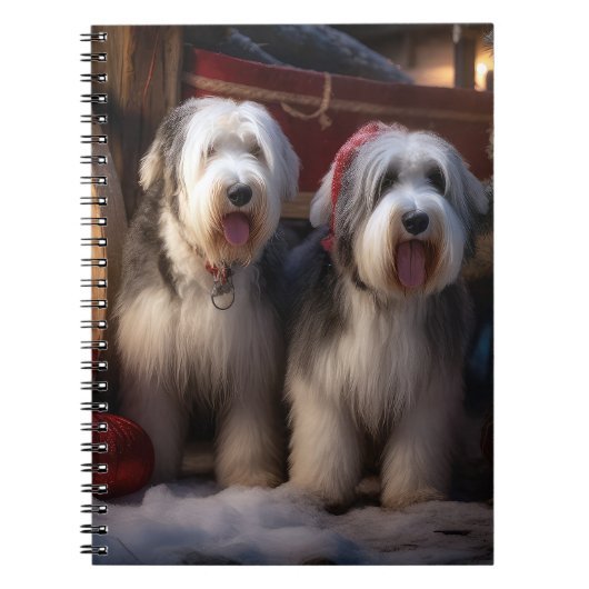 Oud Engels Sheepdog Snowy Sleigh Kerst Decor Notitieboek (Voorkant)