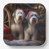 Oud Engels Sheepdog Snowy Sleigh Kerst Decor Papieren Bordje (Voorkant)