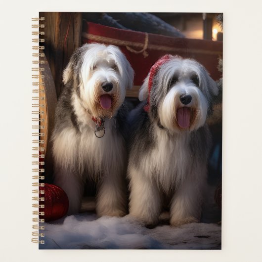 Oud Engels Sheepdog Snowy Sleigh Kerst Decor Planner (Voorkant)