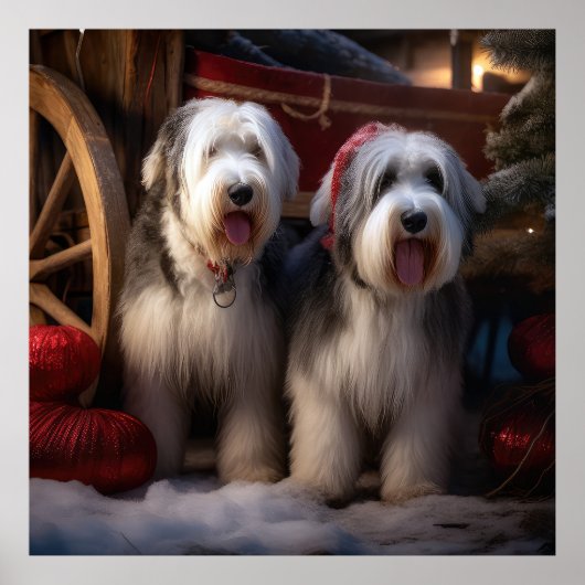 Oud Engels Sheepdog Snowy Sleigh Kerst Decor Poster (Voorkant)