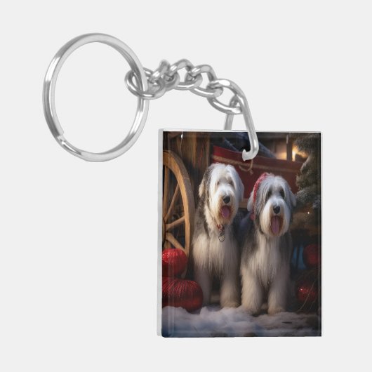 Oud Engels Sheepdog Snowy Sleigh Kerst Decor Sleutelhanger (Voorkant Links)