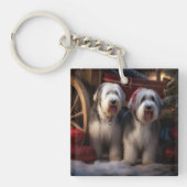 Oud Engels Sheepdog Snowy Sleigh Kerst Decor Sleutelhanger (Voorkant)