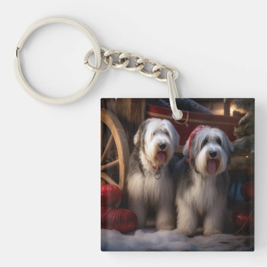 Oud Engels Sheepdog Snowy Sleigh Kerst Decor Sleutelhanger (Voorkant)