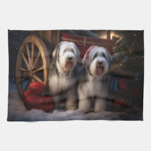 Oud Engels Sheepdog Snowy Sleigh Kerst Decor Theedoek