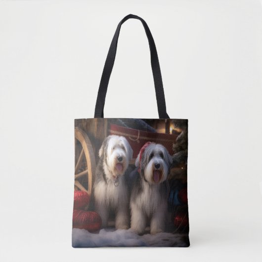 Oud Engels Sheepdog Snowy Sleigh Kerst Decor Tote Bag (Voorkant)