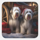 Oud Engels Sheepdog Snowy Sleigh Kerst Decor Vierkante Sticker (Voorkant)