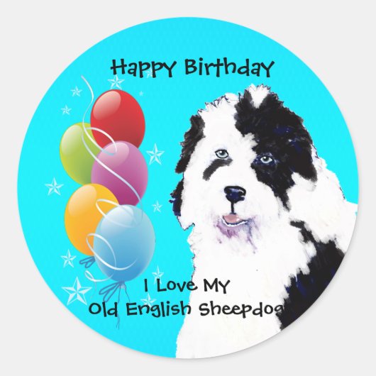 Oud Engels Sheepdog - Verjaardagsballon Glossy Ronde Sticker (Voorkant)