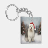 Oud-Engelse herdershond in Sneeuw Kerstmis Sleutelhanger (Voorkant Links)
