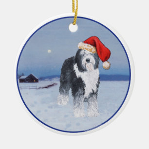 Oud-Engelse herdershond Kerstman Hoed Keramisch Ornament
