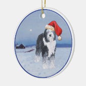 Oud-Engelse herdershond Kerstman Hoed Keramisch Ornament (Links)