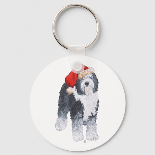 Oud-Engelse herdershond Kerstman hoed Sleutelhanger (Voorkant)