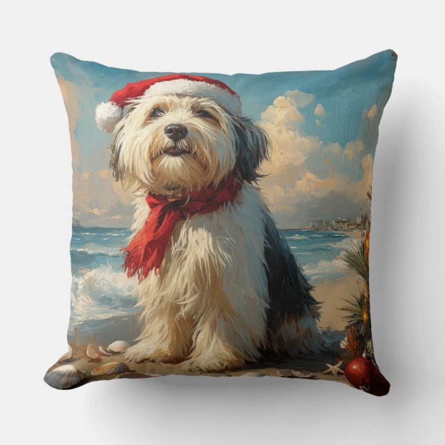 Oud-Engelse Herdershond Kerstmis Vintage Strand Kussen (Voorkant)
