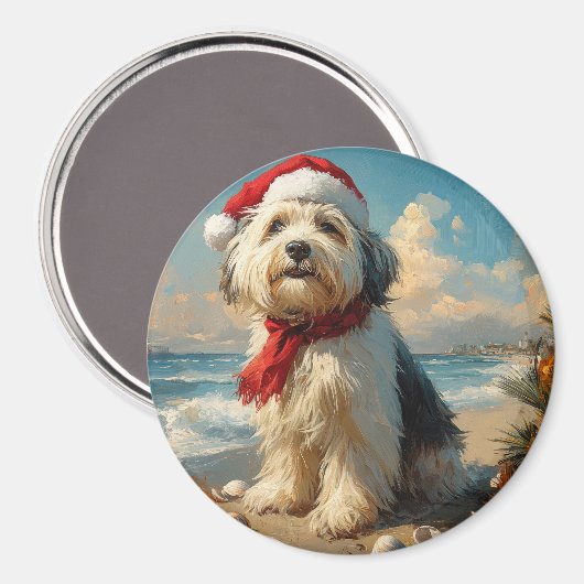 Oud-Engelse Herdershond Kerstmis Vintage Strand Magneet (Voorkant / Achterkant)