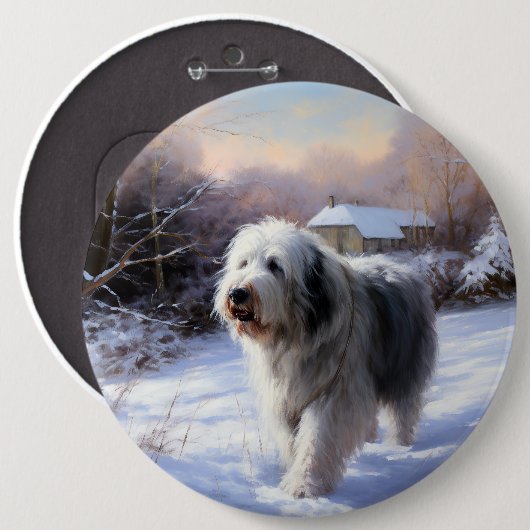Oud-Engelse herdershond Laat het sneeuwen Kerstmis Ronde Button 6,0 Cm (Voorkant /achterkant)