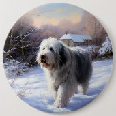 Oud-Engelse herdershond Laat het sneeuwen Kerstmis Ronde Button 6,0 Cm (Voorkant)