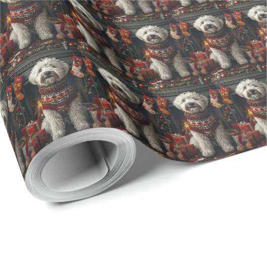 Oud-Engelse Herdershond Met Kerstcadeau Haard Cadeaupapier (Rol Hoek)