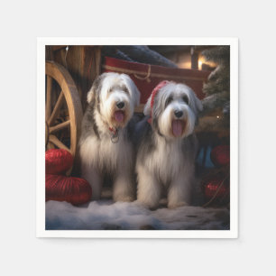 Oud-Engelse herdershond Sneeuwwitte slee Kerstmis Servet