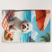 Oud-Engelse herdershond strand relax scène Legpuzzel (Horizontaal)