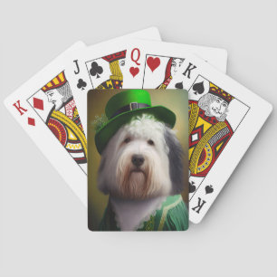 Oud-Engelse schaapshond in St. Patrick's Day-jurk Pokerkaarten