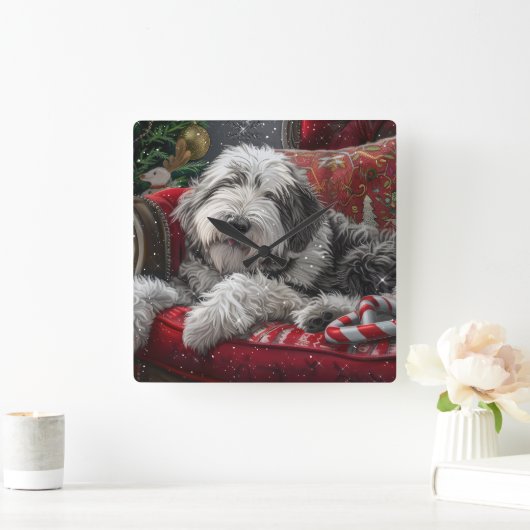 Oud-Engelse Schaapshond Kerst Feestelijk Vierkante Klok (Huis)