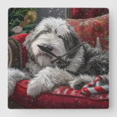 Oud-Engelse Schaapshond Kerst Feestelijk Vierkante Klok (Voorkant)