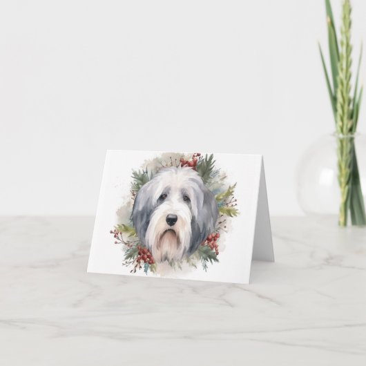 Oud-Engelse Schaapshond Kerstkrans Feestelijke Pup Kaart (Voorkant)