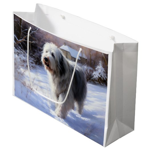 Oud-Engelse Schaapshond Laat het Sneeuwen Kerstmis Groot Cadeauzakje (Voorkant Gekanteld)