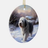 Oud-Engelse Schaapshond Laat het Sneeuwen Kerstmis Keramisch Ornament (Rechts)