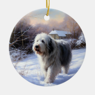 Oud-Engelse Schaapshond Laat het Sneeuwen Kerstmis Keramisch Ornament