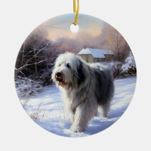 Oud-Engelse Schaapshond Laat het Sneeuwen Kerstmis Keramisch Ornament (Voorkant)