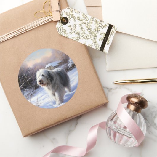 Oud-Engelse Schaapshond Laat het Sneeuwen Kerstmis Ronde Sticker (Geschenken)