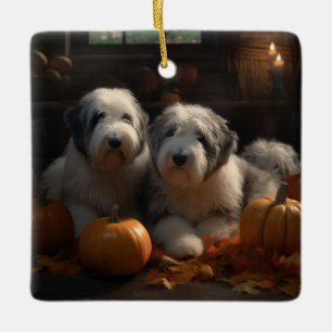 Oud-Engelse Schaapshond Puppy Herfst Plezier Pompo Keramisch Ornament