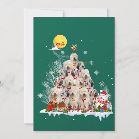 Oud-Engelse Schaapshond Rendier Dennenen Kerstmis Kaart (Voorkant)