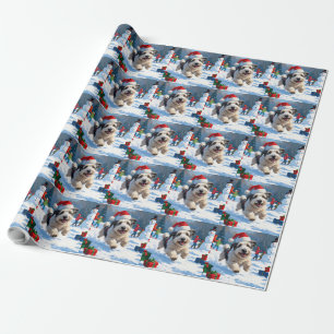 Oud-Engelse Schaapshond Rent in Sneeuw Kerstmuts Cadeaupapier