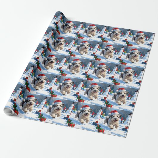 Oud-Engelse Schaapshond Rent in Sneeuw Kerstmuts Cadeaupapier (Uitgerold)