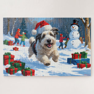 Oud-Engelse Schaapshond Rent in Sneeuw Kerstmuts Legpuzzel