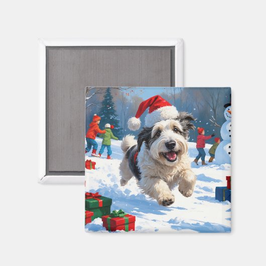 Oud-Engelse Schaapshond Rent in Sneeuw Kerstmuts Magneet (Voorkant / Achterkant)
