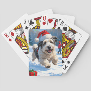 Oud-Engelse Schaapshond Rent in Sneeuw Kerstmuts Pokerkaarten