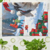 Oud-Engelse Schaapshond Rent in Sneeuw Kerstmuts Theedoek (Gevouwen)