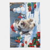 Oud-Engelse Schaapshond Rent in Sneeuw Kerstmuts Theedoek (Verticaal)