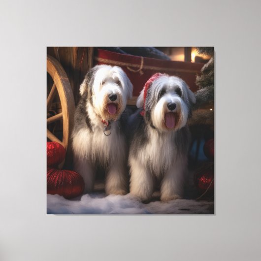 Oud-Engelse Schaapshond Sneeuw Slede Kerst Decorat Canvas Afdruk (Voorkant)