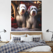 Oud-Engelse Schaapshond Sneeuw Slede Kerst Decorat Canvas Afdruk (Insitu (Slaapkamer))