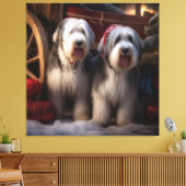 Oud-Engelse Schaapshond Sneeuw Slede Kerst Decorat Canvas Afdruk (Insitu (Woonkamer))